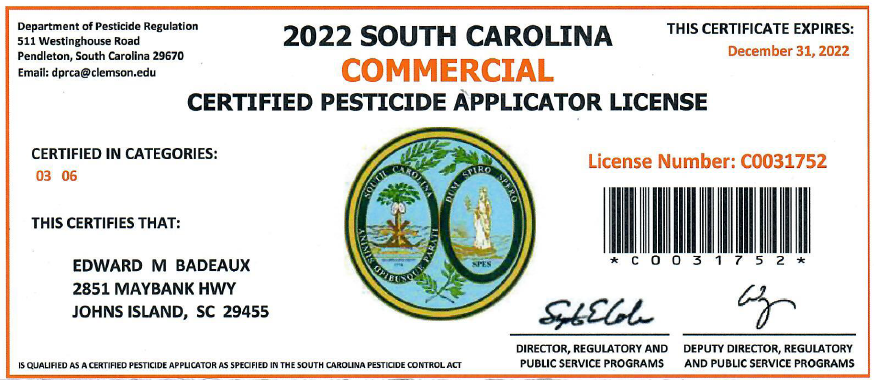 SC Certified Pesticide Commercial Applicator
